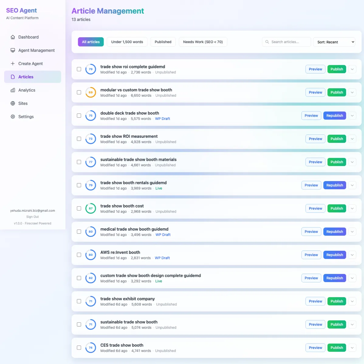 Real client SEO results showing article scores between 69 and 87 after AI agent optimization